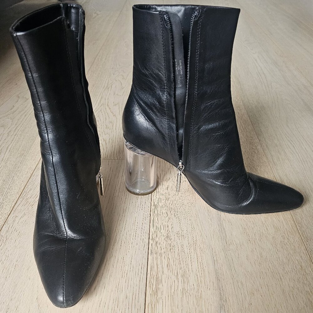 ZARA Black Leather Ankle Booties with Clear Heel — Size 39 / US 8